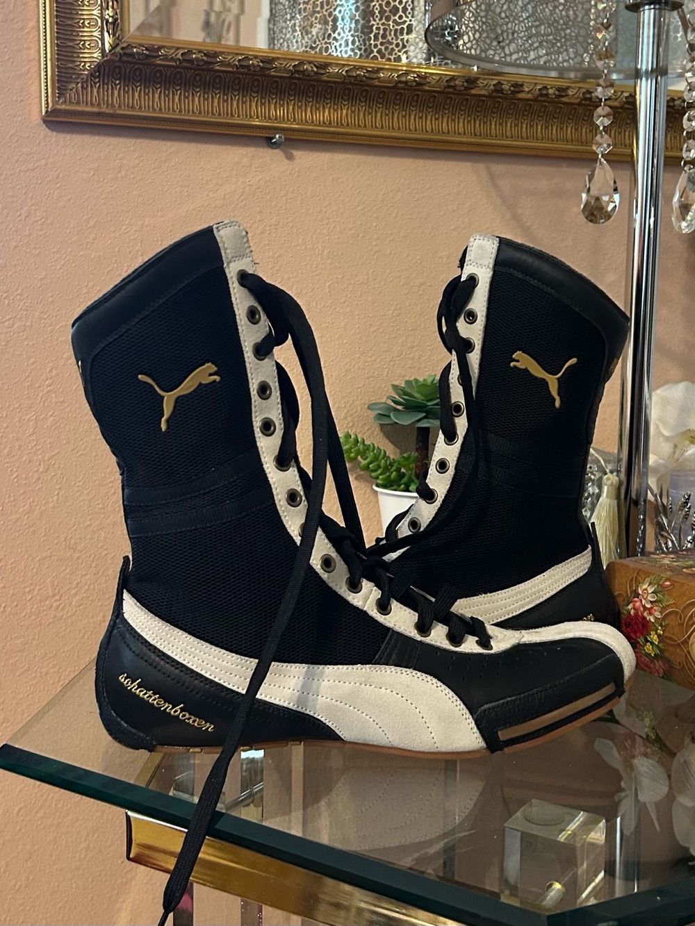 Vintage Puma Schattenboxen Boxing Boots Black and Cream High-Top Sneakers 11/12 - Picture 2 of 16